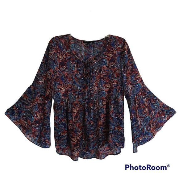 Relativity Black Paisley Gathered Blouse Multi Color 3/4 Bell Sleeve Sz Medium - Picture 1 of 16